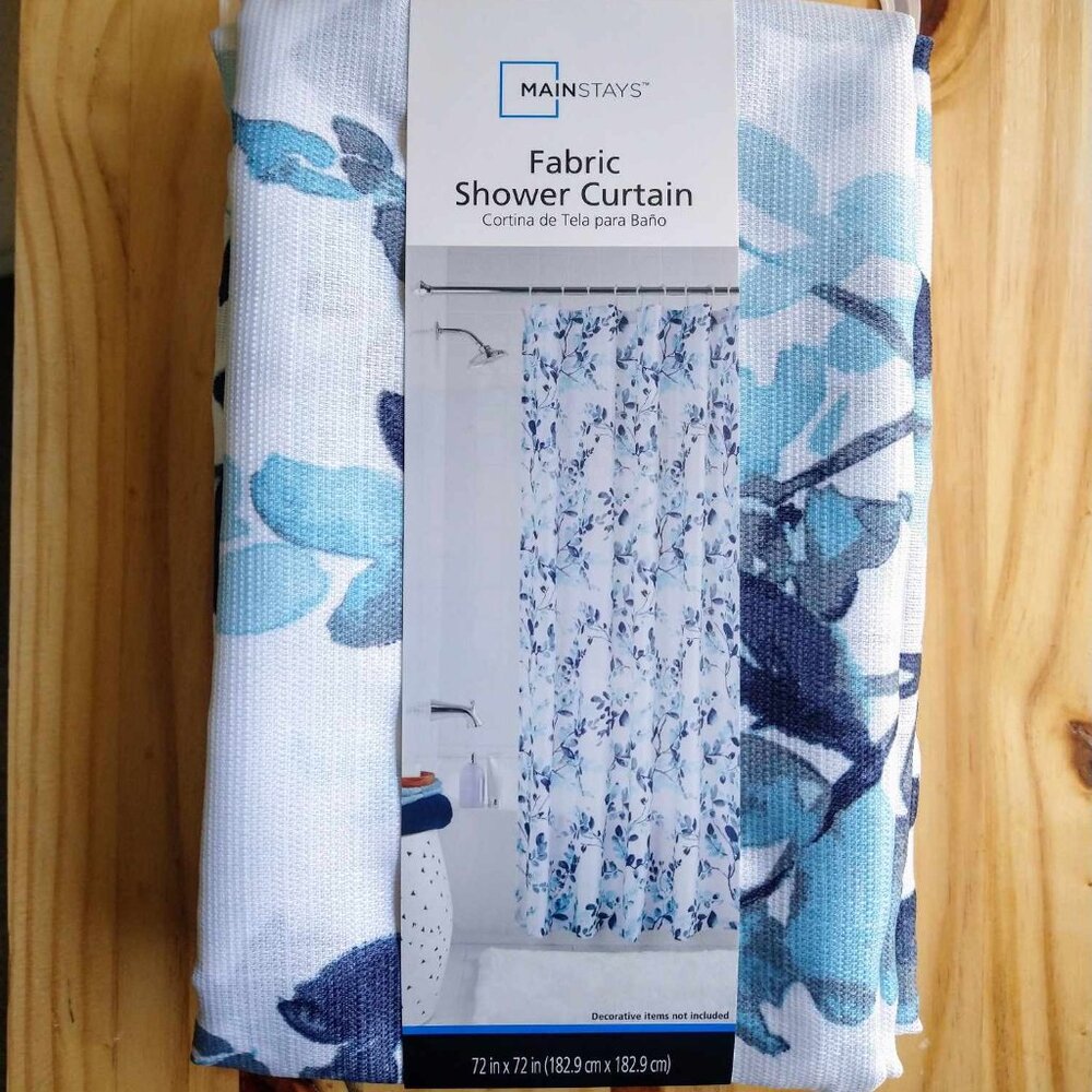 NEW Blue Fabric Shower Curtain, 72" x 72", Mainstays Watercolor Botanica…